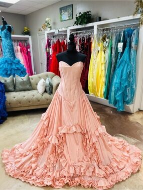 Peach Ruffled Ball Gown Strapless Prom Dress